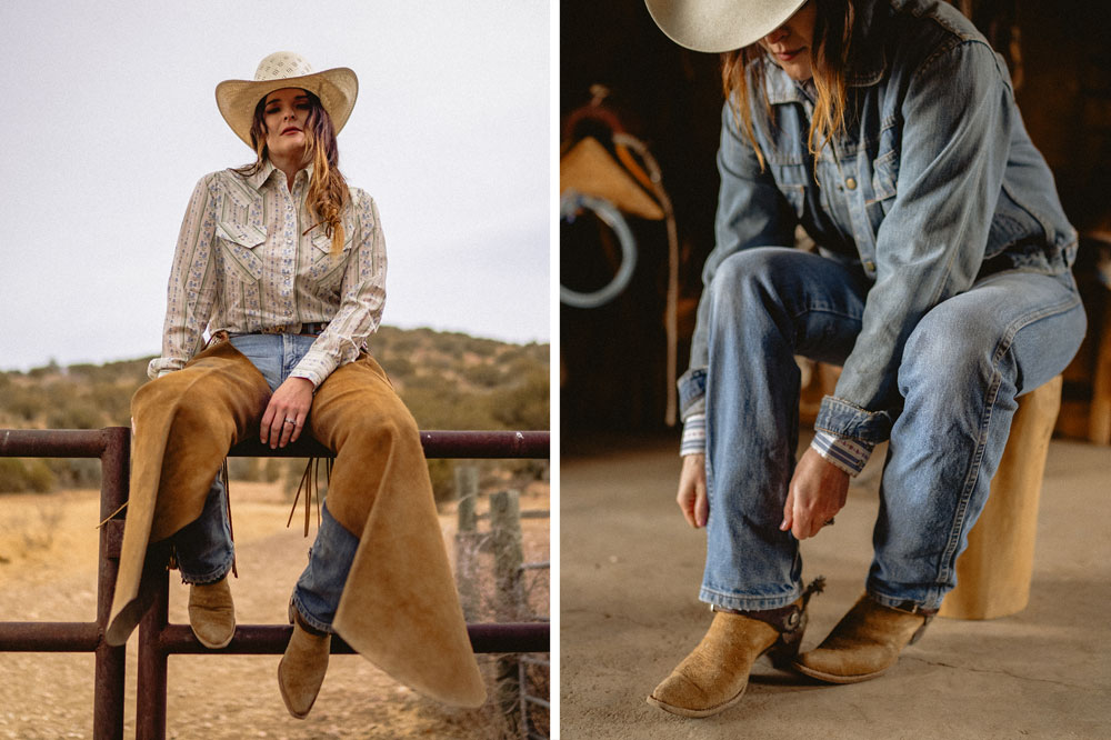 A photo montage of a woman wearing Jenna X Justin western boots.
